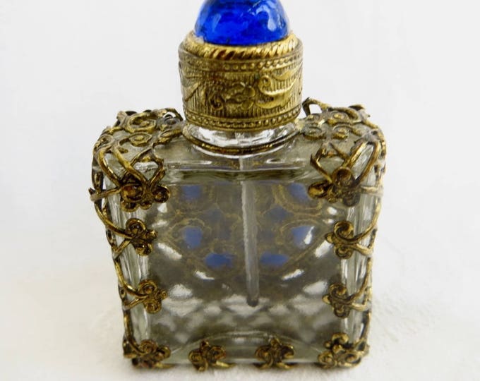 Mini Perfume Bottle, Filigree Casing, Cherub Cameo Front, Cobalt Cabochon Lid, Vintage Perfume Holder