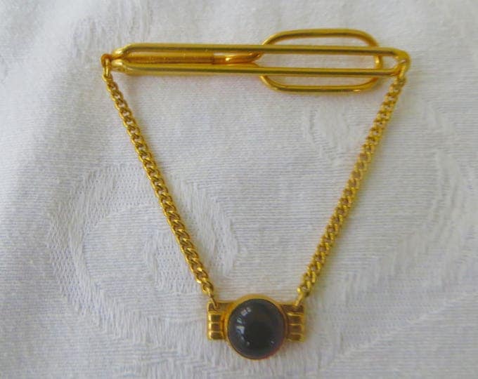 Vintage Swank Tie Bar, Tie Clip with Chain, Ruby Red Glass Cabochon, Mid Century Mens Jewelry