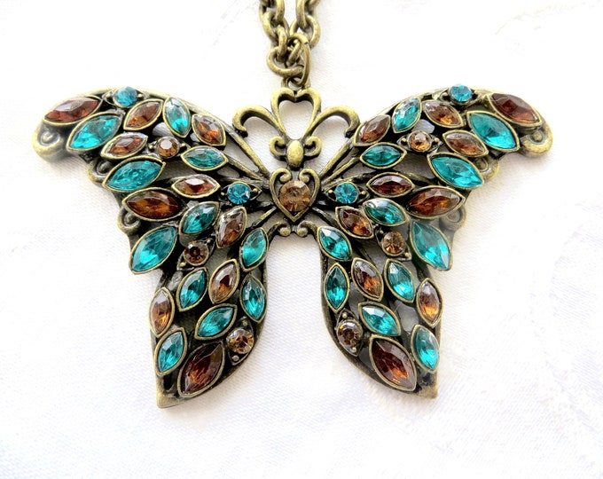 Rhinestone Butterfly Necklace, Vintage Butterfly Pendant, Teal & Amber Navettes, 30 " Cable Chain Butterfly Jewelry