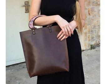 Handcrafted woman's dark brown-green leather tote bag