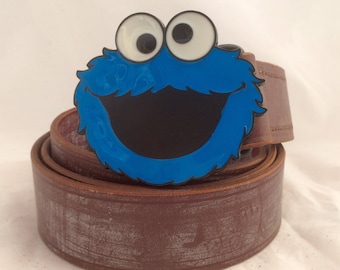 Leather Belt ~ Belt Buckle ~ Mens Brown Leather Belt ~ Cookie Monster belt ~ Handmade Belt ~ Made to Measure Belt ~ Sesame Street Leather