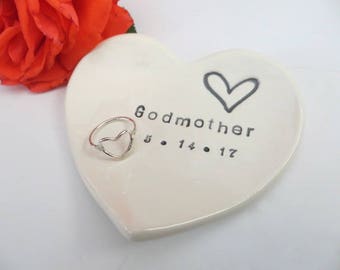 Godmother Gift, ring dish, ring holder, Baptism Gift, gift for Sponsor, Personalized heart dish, White pottery, Gift Boxed, Made to Order