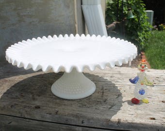 Milk Glass Cake Stand, Milk Glass Pedestal Cake Plate, Fenton Cake Stand Hobnail Glass Crimped Edge Weddings Holidays Fenton Art Glass