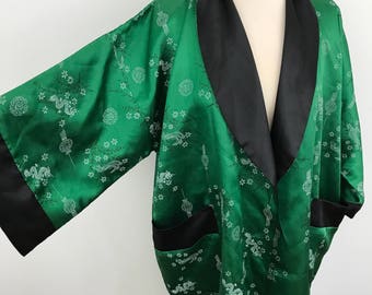 Vintage satin kimono reversible dressing gown embroidery dragon robe long silky burlesque pin up dressing gown black and green medium