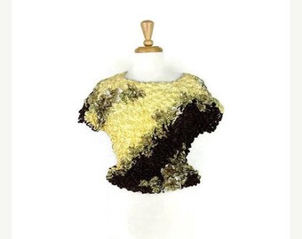 ON SALE Vintage Stretchy crinkly Popcorn Blouse from 90's/Floral/Yellow/Brown*