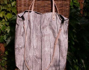 Large canvas shopper "Wood-look" with leather handles