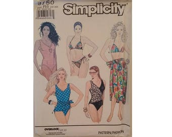 UNCUT Simplicity #9750 Swimsuits, Bikini, Pareo and Sarong Sewing Pattern 5 Sizes Bust 36" to 44" UK 14 to 22