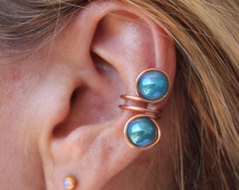 Aqua Glass Copper Ear Cuff, No Piercing, Brilliant Iridescent, Beaded Ear Cuff, Tribal, BOHO, Men, Women, Earcuff, Copper, Ocean, Beach