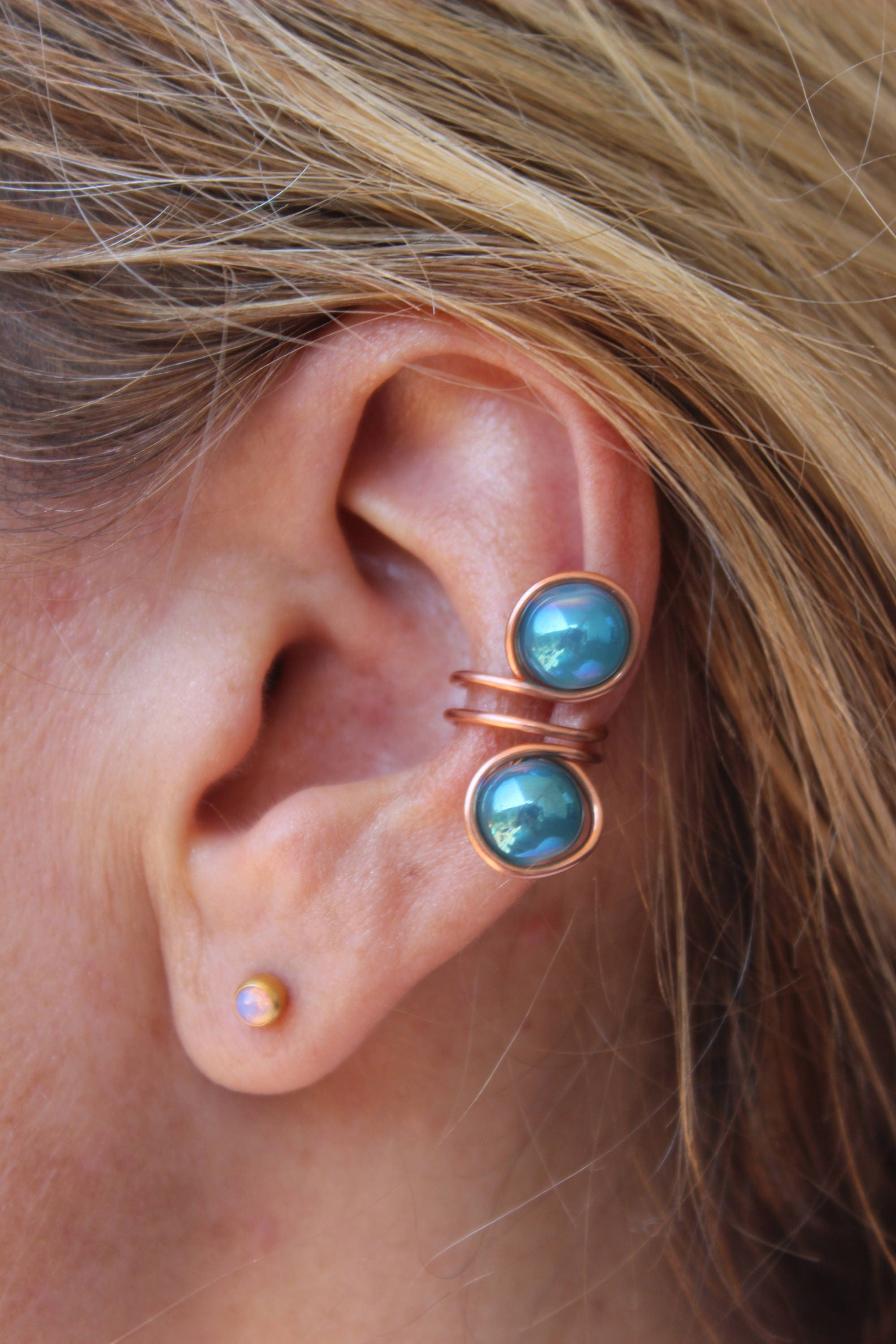 Aqua Glass Copper Ear Cuff No Piercing Brilliant Iridescent