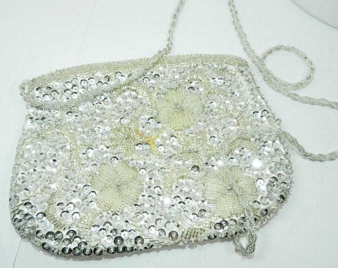 Vintage SILVER Beaded Purse, Formal Evening Bag, Dressy Purse, made in Macau, bridal ball prom wedding purse, 1950s wedding, gift for her