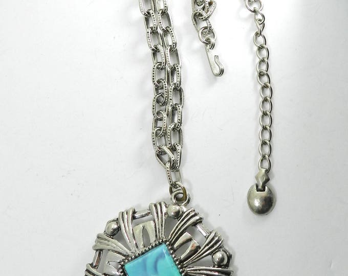 Vintage KARU Necklace, Faux Turquoise Silver Necklace, Vintage Southwestern Jewelry, Fashion Necklace, 1970s Jewellery, Gift for her