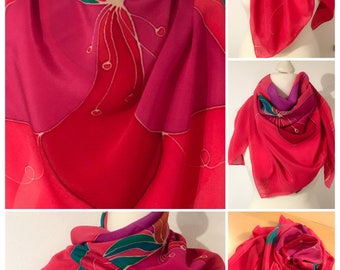 Unique and Hand painted Crepe de chine Silk Scarf in Shades of Magenta