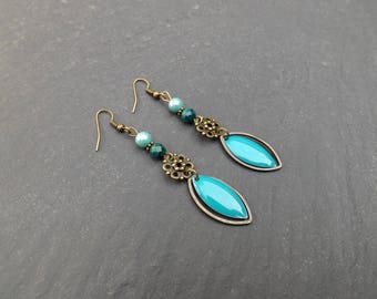 Earrings "baddia" metal sequin, brass, Czech glass, chrysocolla