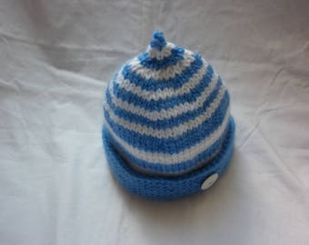 Baby Hat knit 100% handmade in France striped blue and white 'sailor' wool with Navy button all sizes available