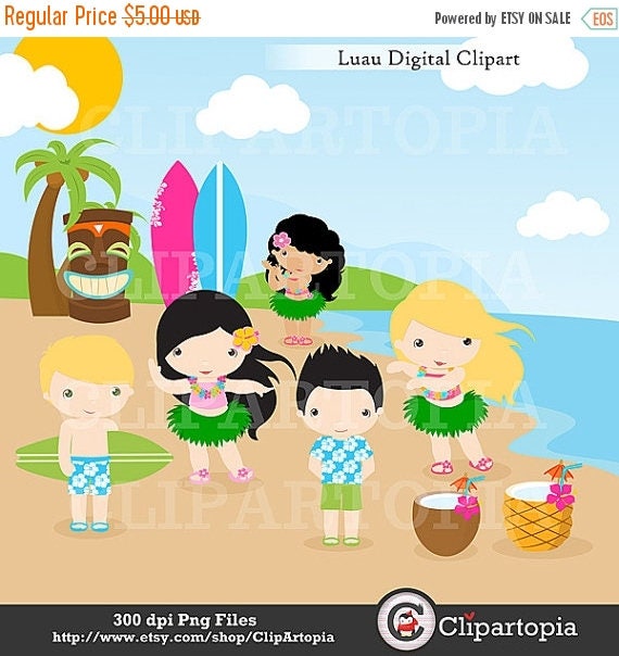 50% OFF SALE Luau Clipart / Hawaii Clipart / Hula Girl ClipArt / Aloha Clipart/ Tiki Clipart / Digital Clipart Personal and Commercial Use Il_570xn