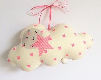Musical Mobile cloud XOXO neon pink - Vanilla cotton gauze - music box - a star in my cabin