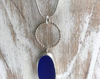 Natural cobalt blue sea glass pendant