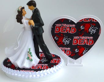 Wedding Cake Topper the Walking Dead Bride Groom Dancing Themed Zombies Heart Background w/ Bridal Garter Funny Humorous Pretty Cake Top