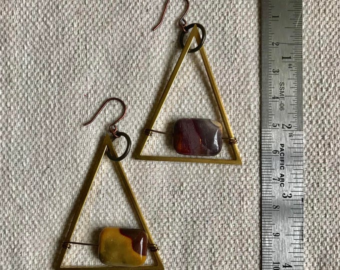 Mookite Jasper Earrings . Dangle Earrings . Triangle Earrings . Brass Triangle Earrings . Statement Earrings