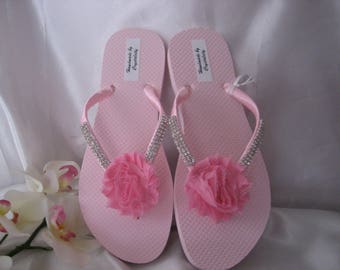 Bling Rhinestone Pink Flip Flops with Pink Satin Ribbon & Pink Chiffon Shabby Flower, Bridal, Bridesmaid, Beach, Sandal, US size 8 Handmade
