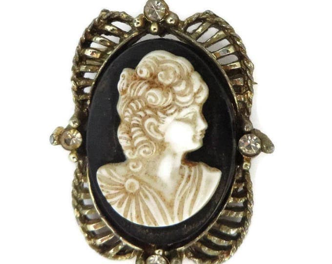 Vintage Cameo Brooch, Black & Cream Cameo, Rhinestone Studded Gold Tone Pin, Antique Style Pin