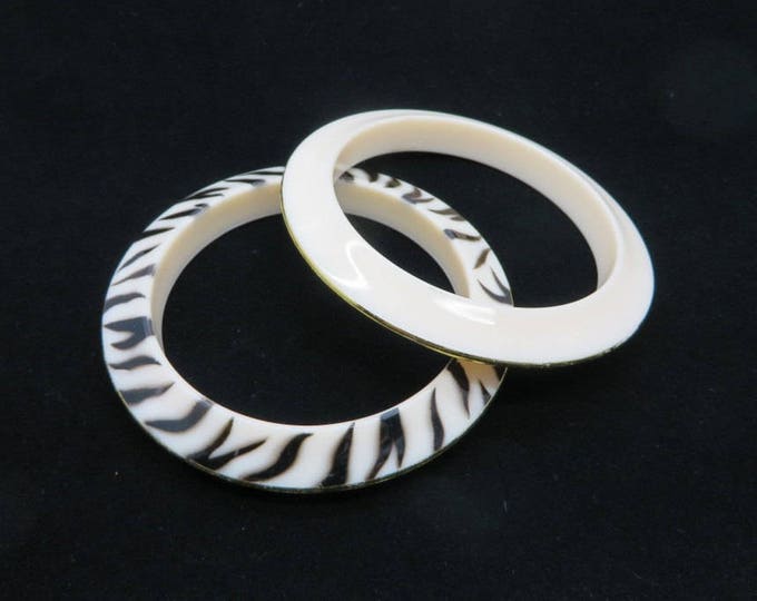 Lucite Bangles, Vintage Pasadena Jewelry Zebra Stripe, Cream Bracelets, Gold Edged Bangles, Gift for Her