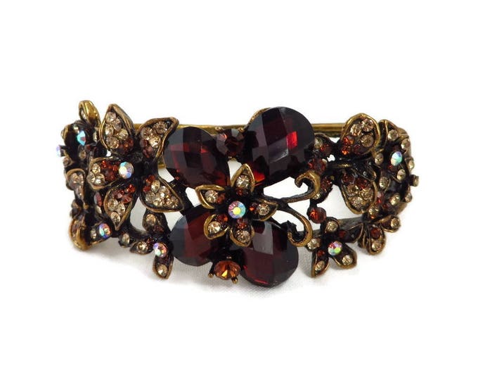 Red Rhinestone Clamper Bracelet, Vintage Ruby Red, White Rhinestone Gold Tone Hinged Bangle, Gift for Her
