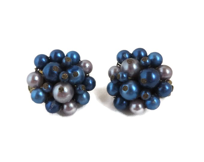 Vintage Japan Earrings, Blue and Gray Cluster Clip-on Earrings