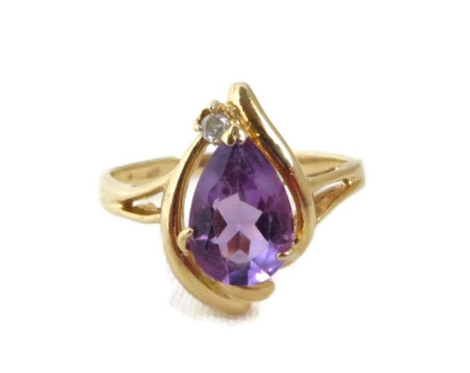 Amethyst & Diamond Ring, 14K Gold Ring - Vintage Pear Shaped Amethyst and Diamond Accent Ring, 1.25 Carats, Gift for Her, Size 6