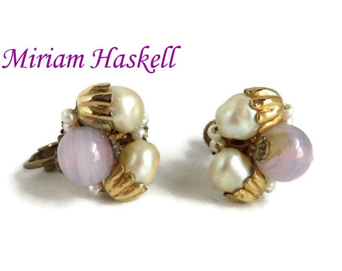 Miriam Haskell Earrings, Vintage Purple White Bead Earrings, Clip-on Screwback Cluster Earrings, Gift for Her