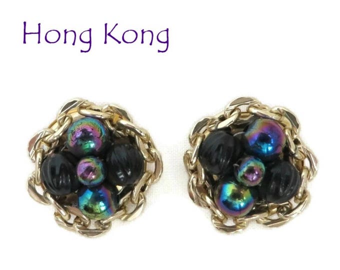 Vintage Blue Cluster Earrings, Hong Kong Iridescent Blue Bead Clip-on Earrings, Gift idea