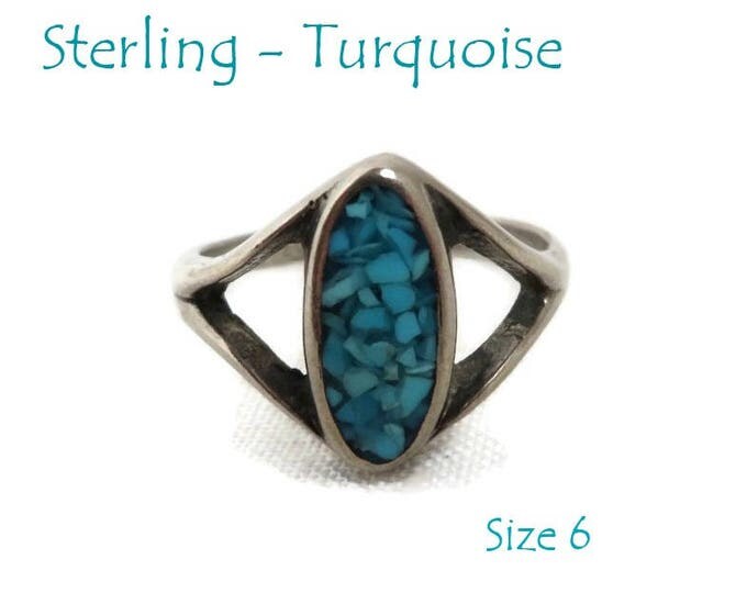 Sterling Silver Turquoise Ring - Vintage Crushed Turquoise Inlay Ring, Size 6, Gift for Her