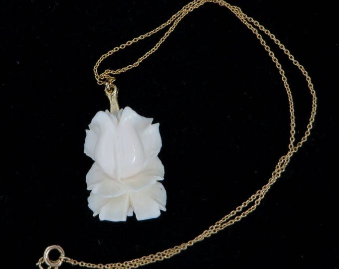Vintage White Rose Pendant Necklace - Blooming Rose Pendant, Gold Tone Chain Necklace