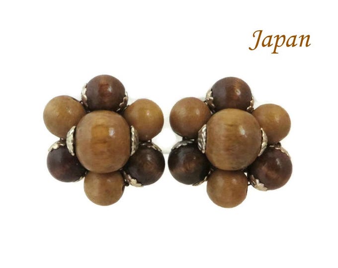Vintage Japan Brown Bead Earrings | Wood Bead Cluster Clip-on Earrings