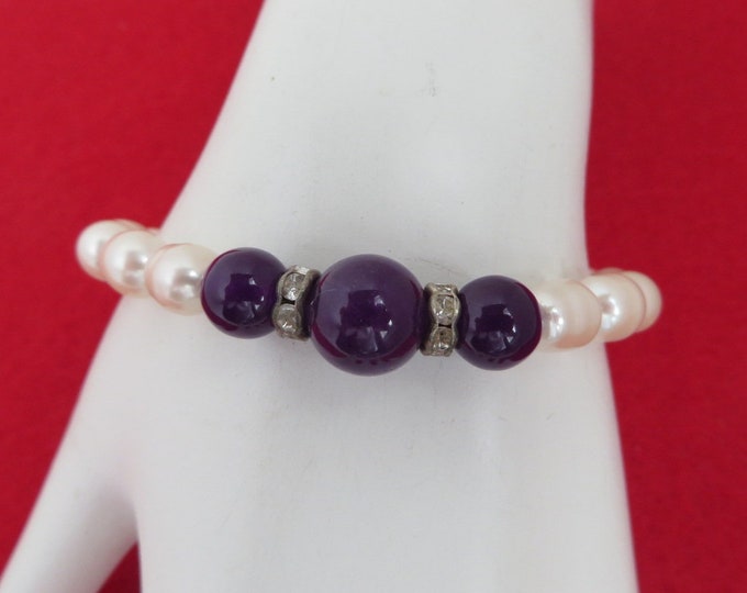 Vintage Pearl Stretch Bracelet, Purple Bead, Rhinestone Bracelet