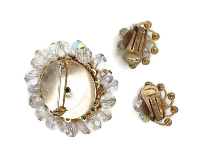 Vintage Crystal Brooch & Earrings Set, Gold Tone Rhinestone Demi Parure