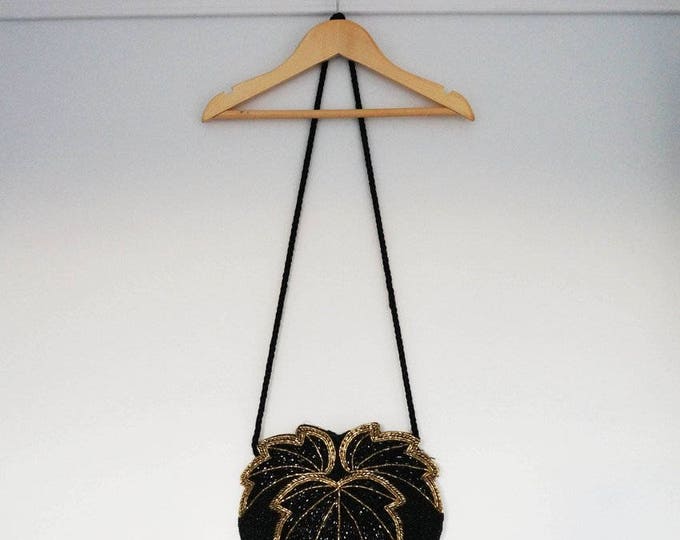 Black Beaded Bag, Vintage 1980s Sequin Bag, Shoulder Bag, Matching Bag Belt Set, Evening Bag Gold Sequin Bag Art Deco Bag Fun Fashion Tumblr