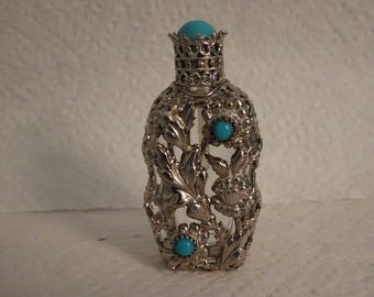 Vintage Glass & Silver Perfume Bottle wtih Turquoise Colored Accents
