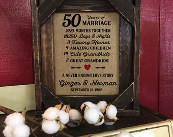 Framed 50th Wedding Anniversary Gift | Love | Valentines Day | Personalized | Burlap | Parent's Anniversary Gift | Grandparent Gift | 258