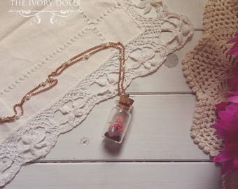 OOAK Fairytale Terrarium Necklace ~ Pink Toadstool, Amethyst Gemstones, Pink Moss ~ Vintage Pearl Chain ~ by The Ivory Dolls