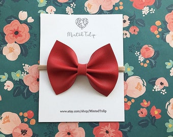Red Faux Leather Bow on Headband or Hair Clip Baby Toddler Kids