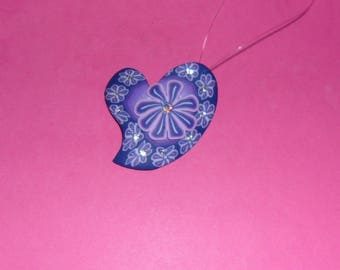 1 Purple puffed heart pendant and rhinestone fimo 40x50mm