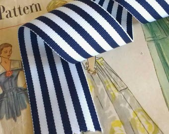 Navy Blue and White Striped Ribbon, Striped Nautical Ribbon 1.5" Grosgrain