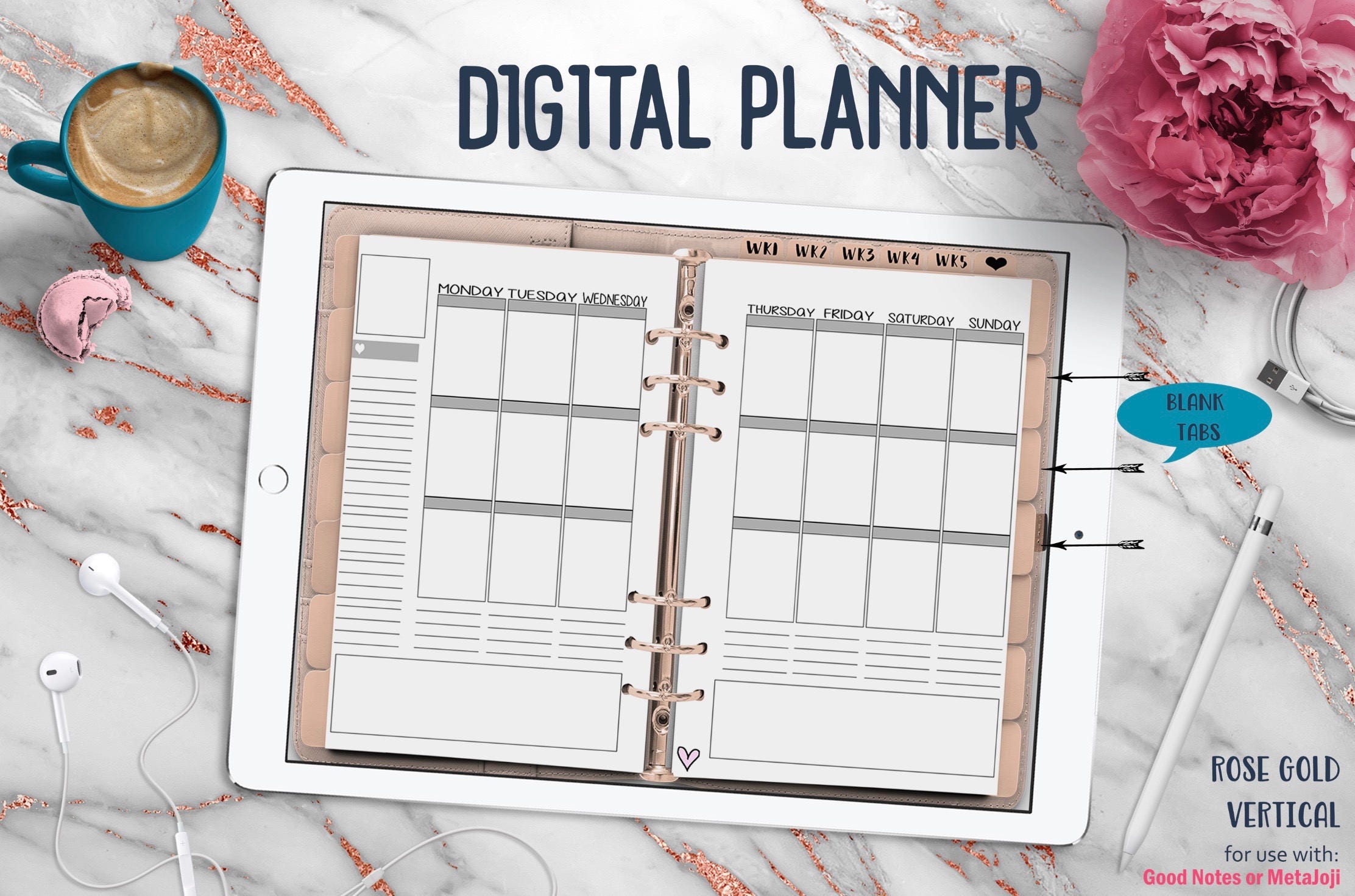 Rose Gold Vertical Digital Planner Digital Planner For