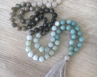 Reserved Listing For Michelle - Breathe ~ Amazonite, Labradorite, Black Moonstone, White Jade Mala Necklace