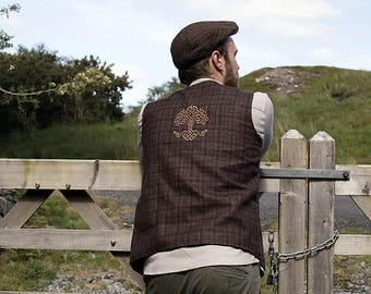 ON SALE Tree of Life Waistcoat, Brown Waistcoat, Vest, Wool Waistcoat, Wedding Waistcoat, Alternative Wedding Waistcoat, Brass Buttons.