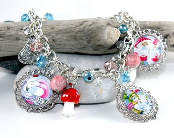 Bracelet. Alice in Wonderland Jewelry. Beaded Charm Bracelet. OOAK. Picture Charms. Unique gifts for Sisters. Fantasy Art. Book Lover