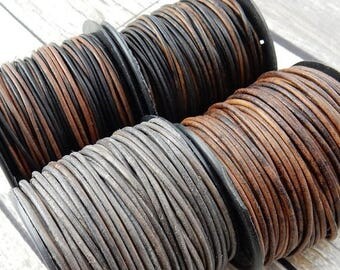 Summer Sale Brown Leather Cord Qty 4 Yards or 24 Yard Spool, 1.5mm Round Cording, Great Wrap Bracelets, Natural Dye Gray, Antique Brown, and