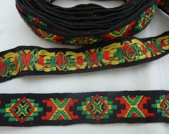 Vintage Embroidered Ribbon Trim - Red, Green and Yellow Design on Black Background - 3/4" Wide X 3 + Yards