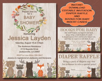 Woodland Baby Shower Invitation, Editable Invitation, Books for Baby card and Diaper Raffle card, You edit invitation, instant download 016